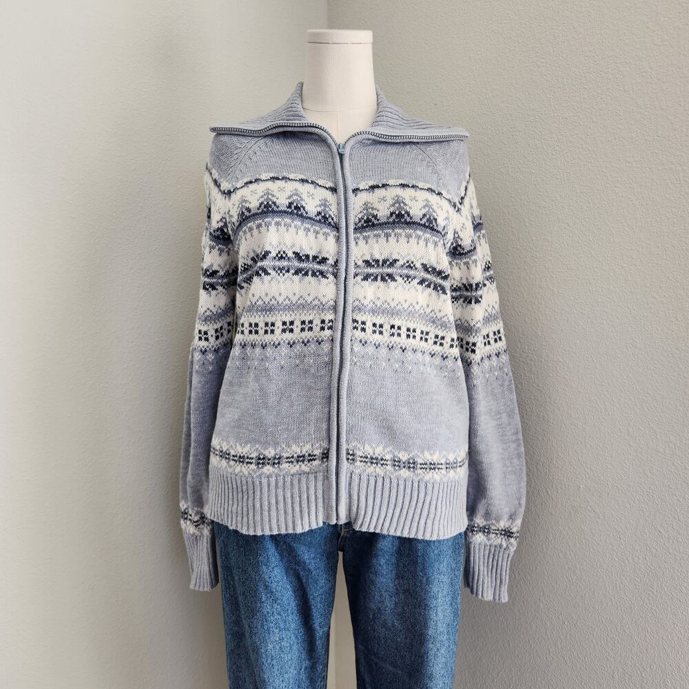 Vintage 90s Tiara International Blue Fair Isle Zip Knit Sweater Long Sleeve L